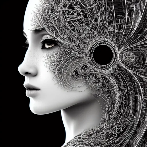 Image similar to portrait of a young beautiful woman with a mask. contemporary photograph and speed painting and fractal and mandelbulb and lines and scribble art. black and white. intricate, elegant, super highly detailed, professional digital painting, artstation, concept art, smooth, sharp focus, no blur, no dof, extreme illustration, Unreal Engine 5, Photorealism, HD quality, 8k resolution, cinema 4d, 3D, beautiful, cinematic, art by artgerm and greg rutkowski and alphonse mucha and loish and WLOP