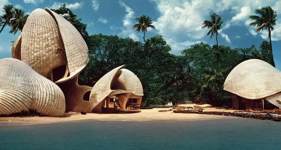 Prompt: a giant seashell house in the middle of nowhere, cinematography by syd mead, gregory crewdson, moebius