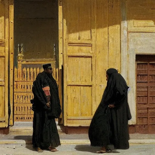 Prompt: the gate of Kano in the Sokoto Caliphate, 1885, highly detailed, oil on canvas, by Ilya Repin