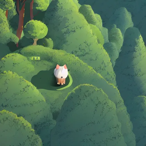 Prompt: A hedgehog on top of a mountain about to jump down the slope, from above you can see the entire forest full of trees and life, ilustration art by Goro Fujita