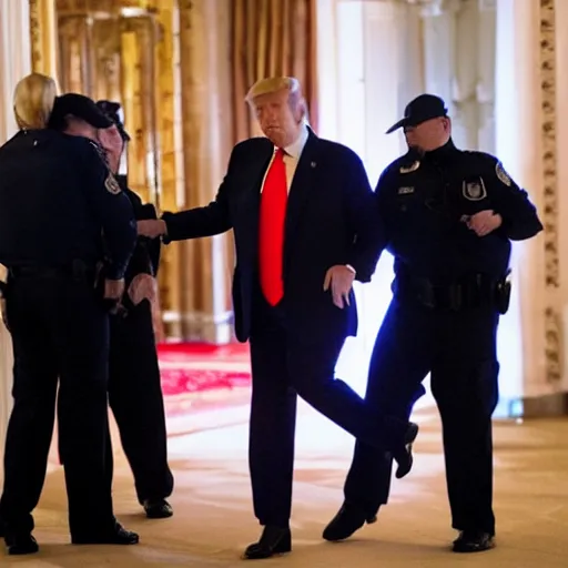 Image similar to News still of Donald Trump being handcuffed and arrested at mar-a-lago