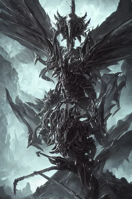 Image similar to portrait of humanoid mosquito resembling a knight in black armor with dragonfly wings on its back, league of legends splash art, castlevania, hearthstone splash art, full body shot, rule of thirds, ultrafine hyperrealistic detailed face, artgerm, horror setting, greg rutkowski, trending on artstation, 8 k, intricately detailed, highly detailed