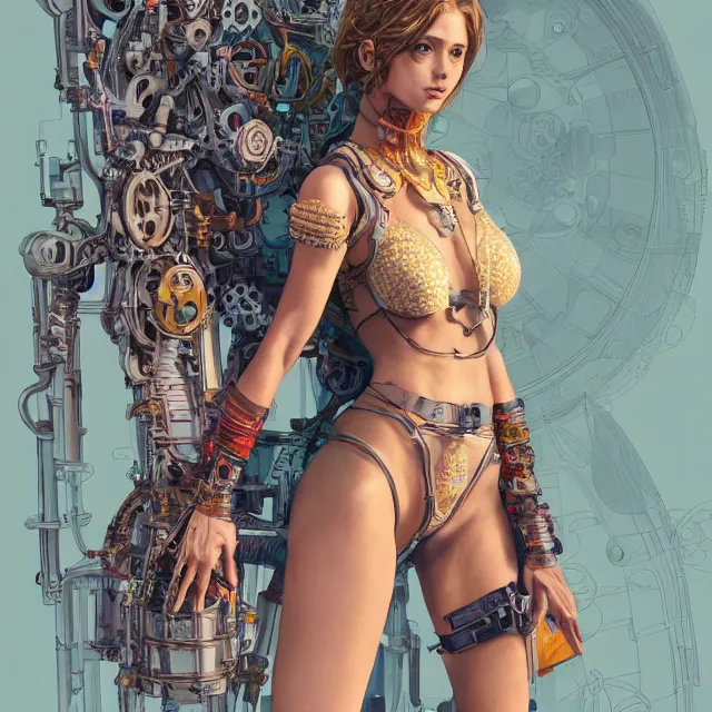 Prompt: the portrait of true neutral semi - colorful female cyborg mechanist as absurdly beautiful, gorgeous, elegant, young swimsuit model, an ultrafine hyperdetailed illustration by kim jung gi, irakli nadar, intricate linework, bright colors, octopath traveler, final fantasy, unreal engine 5 highly rendered, global illumination, radiant light, detailed and intricate environment