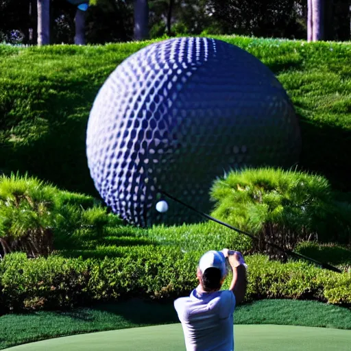 Image similar to a giant playing teeing up a shot in golf using the spaceship earth attraction at epcot in real life, highly detailed, extremely high resolution, ultra realistic