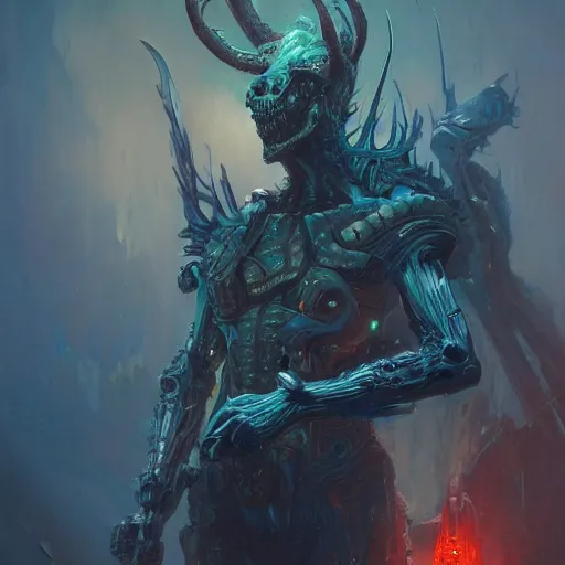 Image similar to portrait of a demonic cybernetic duke of hell, cyberpunk concept art by pete mohrbacher and seb mckinnon and beksinski and josan gonzales, digital art, highly detailed, intricate, sci-fi, sharp focus, Trending on Artstation HQ, deviantart, unreal engine 5, 4K UHD image