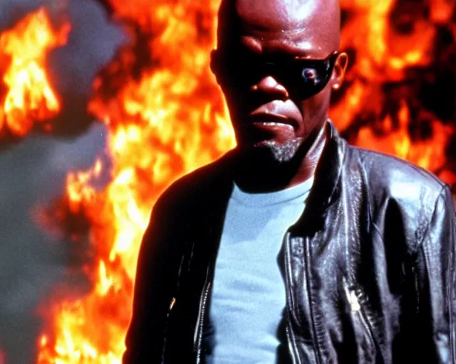 Image similar to Samuel L. Jackson plays Terminator wearing leather jacket and his endoskeleton is visible, walking out of flames, saves pipkachu