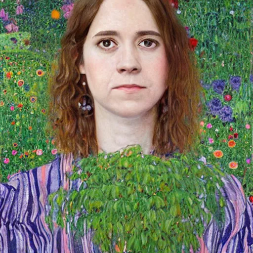 Prompt: a portrait of female asa Butterfield mixed with pam beesly, content, kind, slight smile, longer eyebrows, surrounded by plants, by gustav klimt