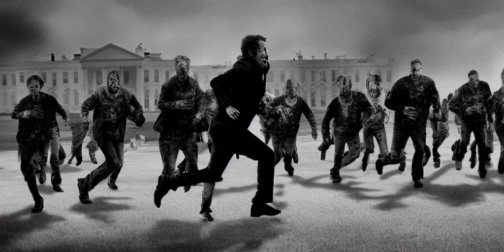 Prompt: movie still of joe biden running away from a hoard of infected zombies on the white house lawn in the movie 2 8 days later, detailed, real, cinematic, 8 k, featured on artstation, detailed faces