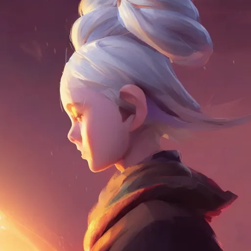 Image similar to girl sorcerer with white hair in a hairbun, she is wearing a scarf. she is learning how to use her magic powers. cgsociety masterpiece, artstation trending, by rossdraws, ghibli, kimi no na wa, greg rutkowski, simon stalberg, greg manchess