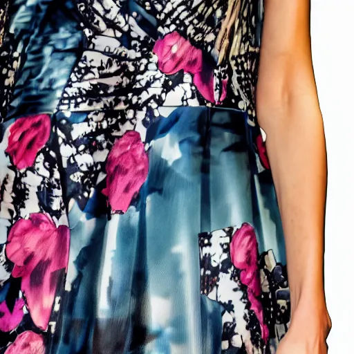 Prompt: close up of a fashion model with dress with a woman print on dress, catwalk photo, highly detailed