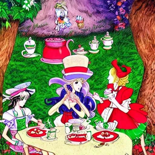 Image similar to Alice and the Mad Hatter, from Alice in Wonderland, in the style of sailor moon illustrations, by Naoko Takeuchi, they are having a tea party in the enchanted woods, surrounded by white and red roses