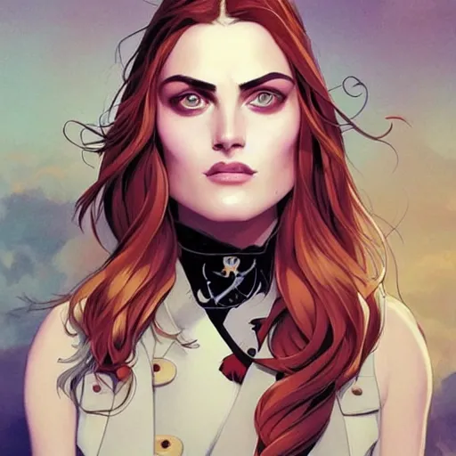 Prompt: Joshua Middleton comic art, pretty female Phoebe Tonkin, pirate, eye patch over left eye, evil smile, symmetrical face, symmetrical eyes, pirate clothing, long wavy blonde hair, full body:: sunny weather::