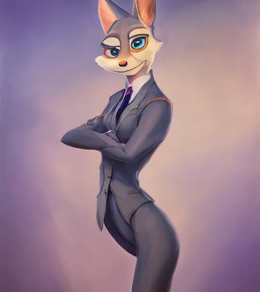 Image similar to oil painting of full body of anthromorphic female wolf, in style of zootopia, zootopia, zootopia, fursona, furry, furaffinity, 4 k, deviantart, furry art, fursona art, wearing black business suit, business suit, in style of zootopia, wolf fursona, cyberpunk, female, expressive detailed feminine face,