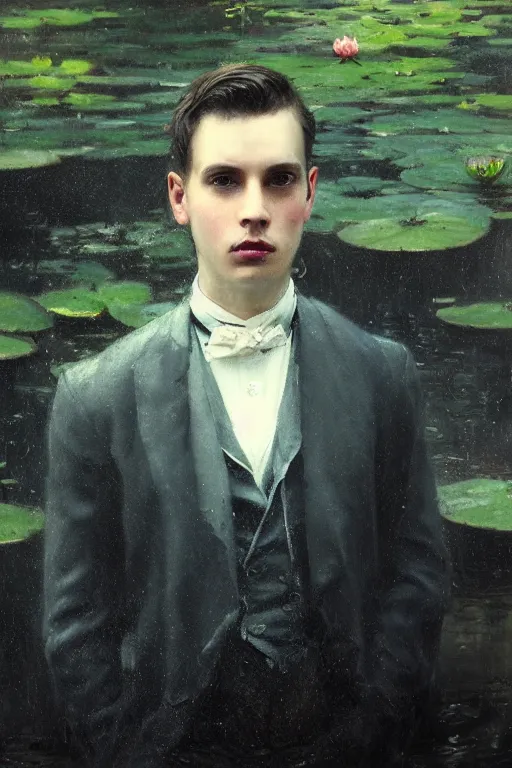 Image similar to detailed cinematic moody colors studio portrait of a young victorian gentleman in a beautiful victorian water pond, water lilies, high quality by jeremy mann, only one head single portrait