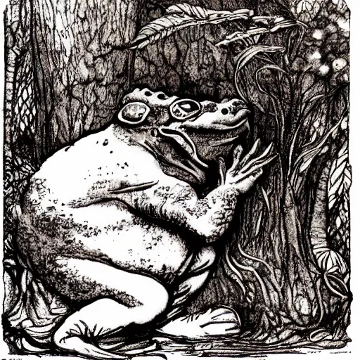 Image similar to toad philosopher toad in a pose The Thinker, swamp, illustrations by irish fairy tales james stephens arthur rackham, fairy tale illustrations,