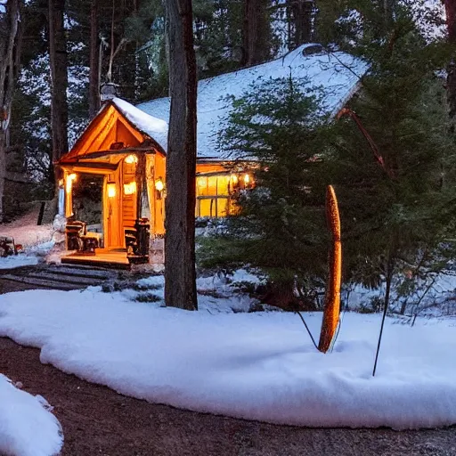 Prompt: cozy cottage in the woods at night with string lights and giant trees