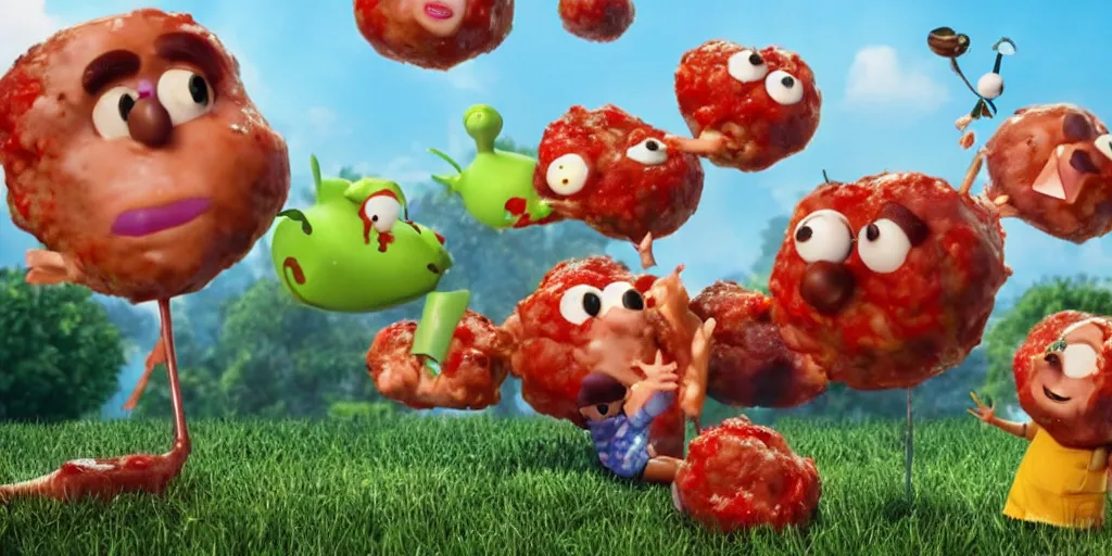 Prompt: a cgi film render of a the movie raining meatballs 2 in real life scene, cinematic, photo realistic, mega legendary, mega epic, far away and close camera shots