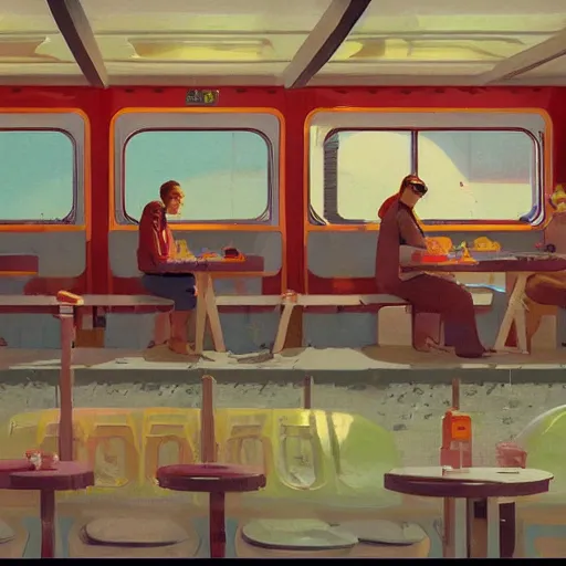 Prompt: inside diner at the beach by simon stalenhag