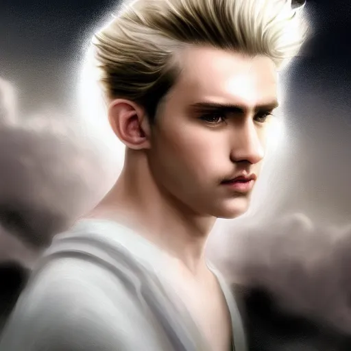 Prompt: a portrait of a young handsome prince, fringy white hair, white shirt, black tunic, smooth, epic clouds, beautiful landscape, backlit, incredible lighting, strong rim light, highly detailed, god rays, digital painting, HDRI, by Heise Jinyao, Heise-Lian Yan Fang, Feimo, Richard Taddei, vivid colors, high contrast, 8k resolution, intricate, photorealistic