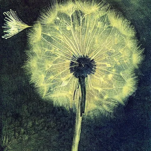 Image similar to a beautiful fairytale painting of a dandelion seed that is also a fairy. the dandelion seed is the body of the fairy. beautiful clear painting by arthur rackham