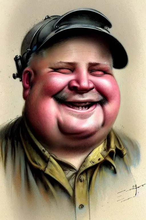 Image similar to ( ( ( ( ( 1 9 5 0 s retro happy smiling fat middle aged mechanic man face portrait. muted colors. ) ) ) ) ) by jean - baptiste monge!!!!!!!!!!!!!!!!!!!!!!!!!!!!!!