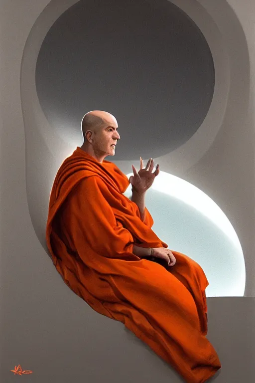 Image similar to portrait of a monk in a spaceship, looking out of a round window, orange robe, dramatic lighting, artstation, matte painting, ralph mcquarrie