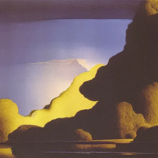 Image similar to river full of lightning, full moon, maxfield parrish, salvador dali