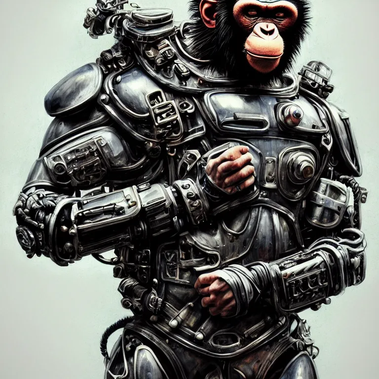 Image similar to a portrait of a muscular anthropomorphic cyberpunk chimp in spacesuit armor with ensignia on chest plate by sandra chevrier, by jon foster, detailed render, post - processing, extremely hyperdetailed, intricate, epic composition, cybernetics, 4 k realistic, cryengine, realistic shaded lighting, sharp focus, masterpiece, by enki bilal