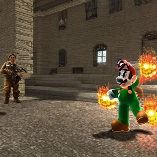 Prompt: A screenshot of Call Of Duty: Super Mario Brothers