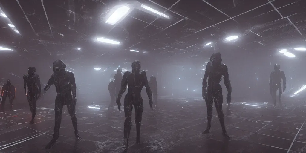 Prompt: sci - fi alien squad in wet cloaks, infiltrating on the ceiling at midnight storm, lightning, unreal engine 5, octane, volumetric light