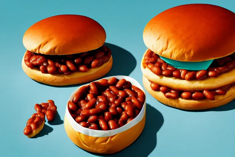 Prompt: mcdonalds baked beans between two sesame seed buns, commercial photograph