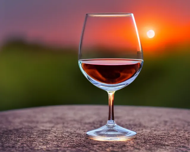 Prompt: 5 5 mm photo of thin small glass of wine with flower on a zen minimalist round white table with marmalade sunset in the background. highly detailed 8 k. intricate. lifelike. soft light,