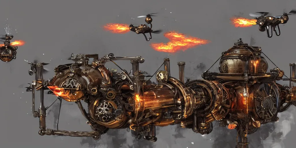 Image similar to steampunk drones and a flying watertank shooting water on fire, digital art, artstation, concept art