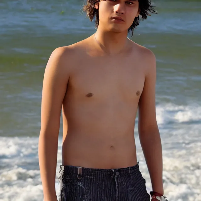 Prompt: teenage frank dillane at the beach, realistic, intricate, detailed