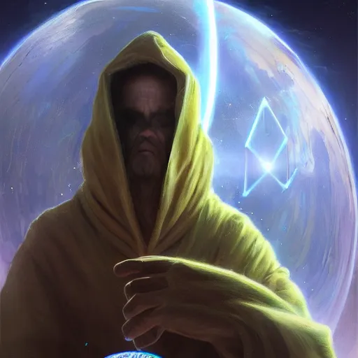 Image similar to creator of worlds wearing a cloak, masked, and holding a holographic planet projection in his hand, detailed, sci - fi, digital painting, artstation, sharp focus, illustration, ominous, artgerm, syd mead, tomasz alen kopera, peter mohrbacher, donato giancola, joseph christian leyendecker, wlop, frank frazetta