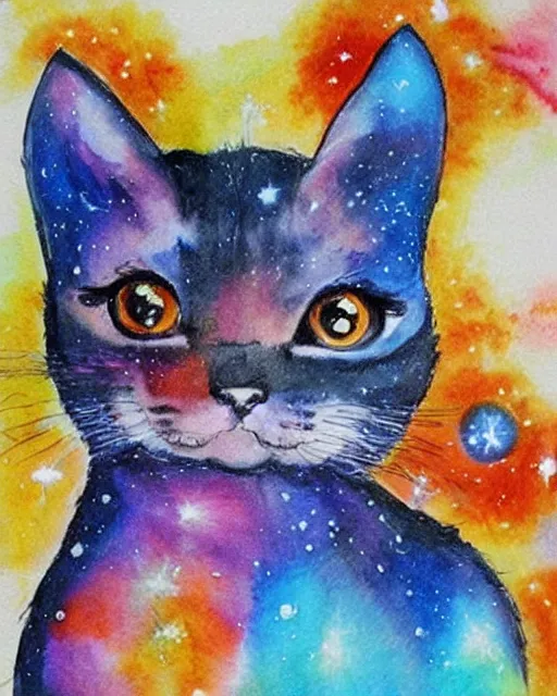 Prompt: cute galactic space cats, painted in water colors