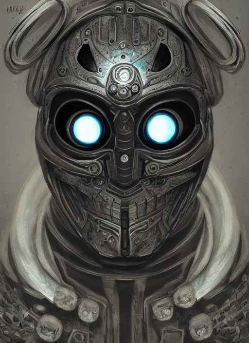 Image similar to occult mf doom with glowing haunted eyes, metal skin, intricate, elegant, highly detailed, centered, digital painting, artstation, concept art