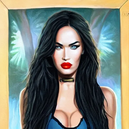 Image similar to megan fox as a vampire, silk, painting