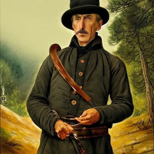 Prompt: a middle aged, martial, stark 19th century eastern european hunter with a large gray goatee and a hat looks similar to Jonathan Hyde and young Christopher Lee and young Christopher Lee. The background is a eastern european forrest. cinematic lighting, highly detailed, realistic, antique painting by Hollósy Simon