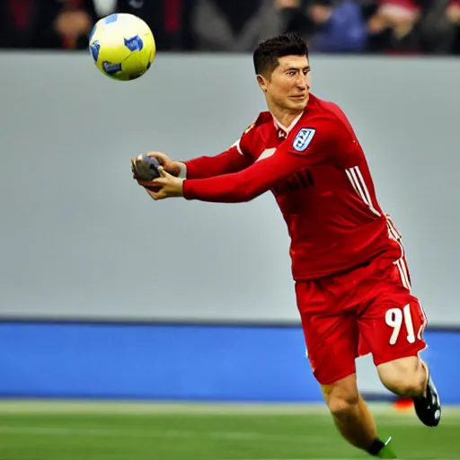 Image similar to robert lewandowski with a gun, fighting policemen