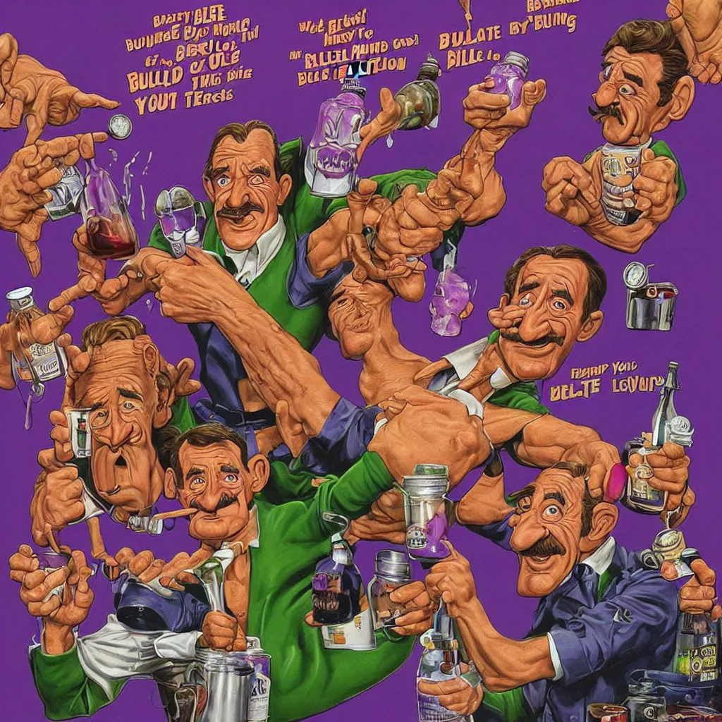 Image similar to promotional art for the movie'unless you hate bullruns ', barry chuckle preparing a batch of purple oil drink, hyperreal detailed facial features and uv lighting, art by ed roth and basil wolverton