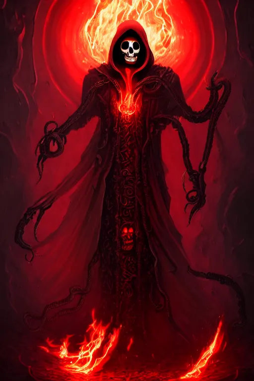 Image similar to A full body portrait of a mysterious character with a flaming skull with a very long hooded blood red and black cloak, tentacles coming out the ground art by James Paick, and Shaddy Safadi, ominous, cosmic horror, trending on artstation, Ultra detailed, hyper realistic 4k