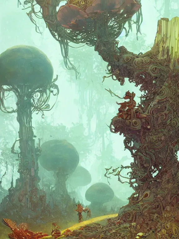 Prompt: large broken and abandonned robot un forbidden forest with trees and mushrooms on its head, stylized illustration by peter mohrbacher, moebius, mucha, victo ngai, colorful comics style