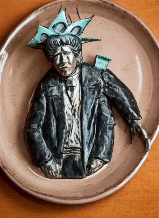 Prompt: Tom Waits eating a miniature Statue of Liberty on a plate in a restaurant, color photograph portrait 4k