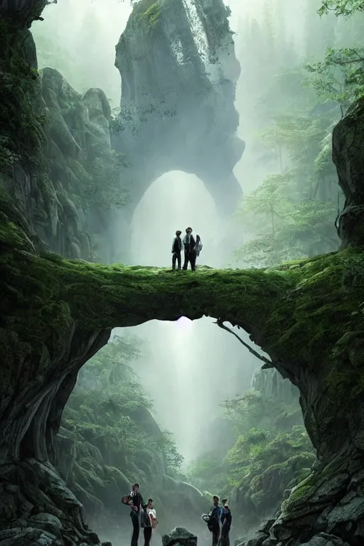 Prompt: movie poster for award winning move staring, tom cruise and hillary clintona beside large rock arch is a portal to another dimension, surrounded by misty forest, people wait to enter, D&D, fantasy, intricate, highly detailed, digital painting, artstation, concept art, smooth, sharp focus, illustration, art by artgerm and greg rutkowski and alphonse mucha