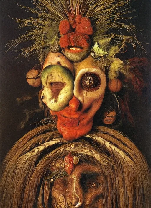 Prompt: a surreal painting of a shaman's face, by Giuseppe Arcimboldo, symbolist, soft colors, dramatic lighting, smooth, sharp focus, extremely detailed, aesthetically pleasing composition