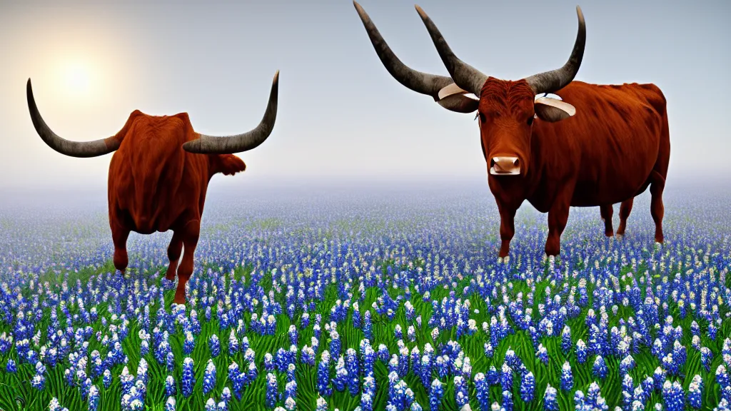 Image similar to award winning painting of a Texas longhorn standing in a field of bluebonnets early morning fog, digital art, insanely detailed, octane render, unreal engine