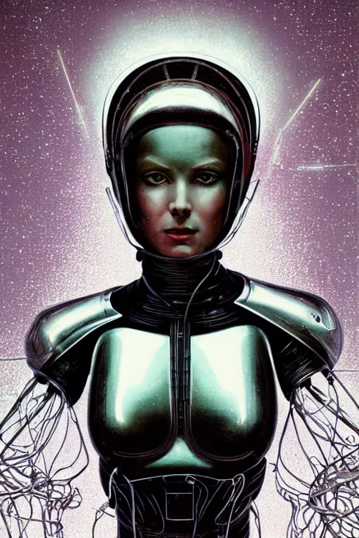 Image similar to retro-futuristic portrait of a beautiful damaged female android in old chrome armour with cables and wires and white liquid, ornate background, rim light, ornate pattern, glowing eyes, evil expression, high details, intricate details, renaissance painting by vincent di fate, artgerm julie bell beeple, 80s, Smooth gradients, High contrast, depth of field, very coherent symmetrical artwork