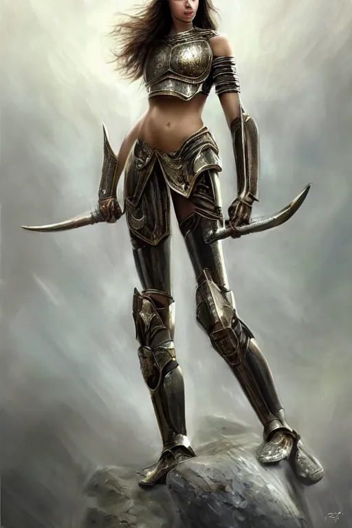 Image similar to a photorealistically painted portrait of an attractive young female, partially clothed in metal-plated battle armor, abstract background, flawless olive skin, fair complexion, long dark hair, beautiful bone structure, perfectly symmetric facial features, perfect photorealistic eyes, natural physique, intricate, elegant, digital painting, concept art, finely detailed, beautifully illustrated, sharp focus, minimal artifacts, volumetric lighting, from Metal Gear, by Ruan Jia and Mandy Jurgens and Artgerm and William-Adolphe Bouguerea, in the style of Greg Rutkowski, trending on Artstation, award winning art