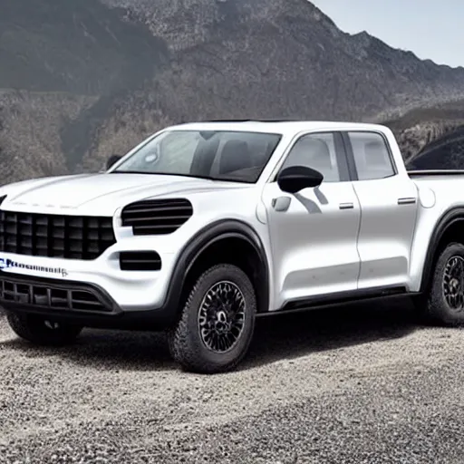 Image similar to A Pickup truck designed and produced by Porsche in the production year of 2022, promotional photo